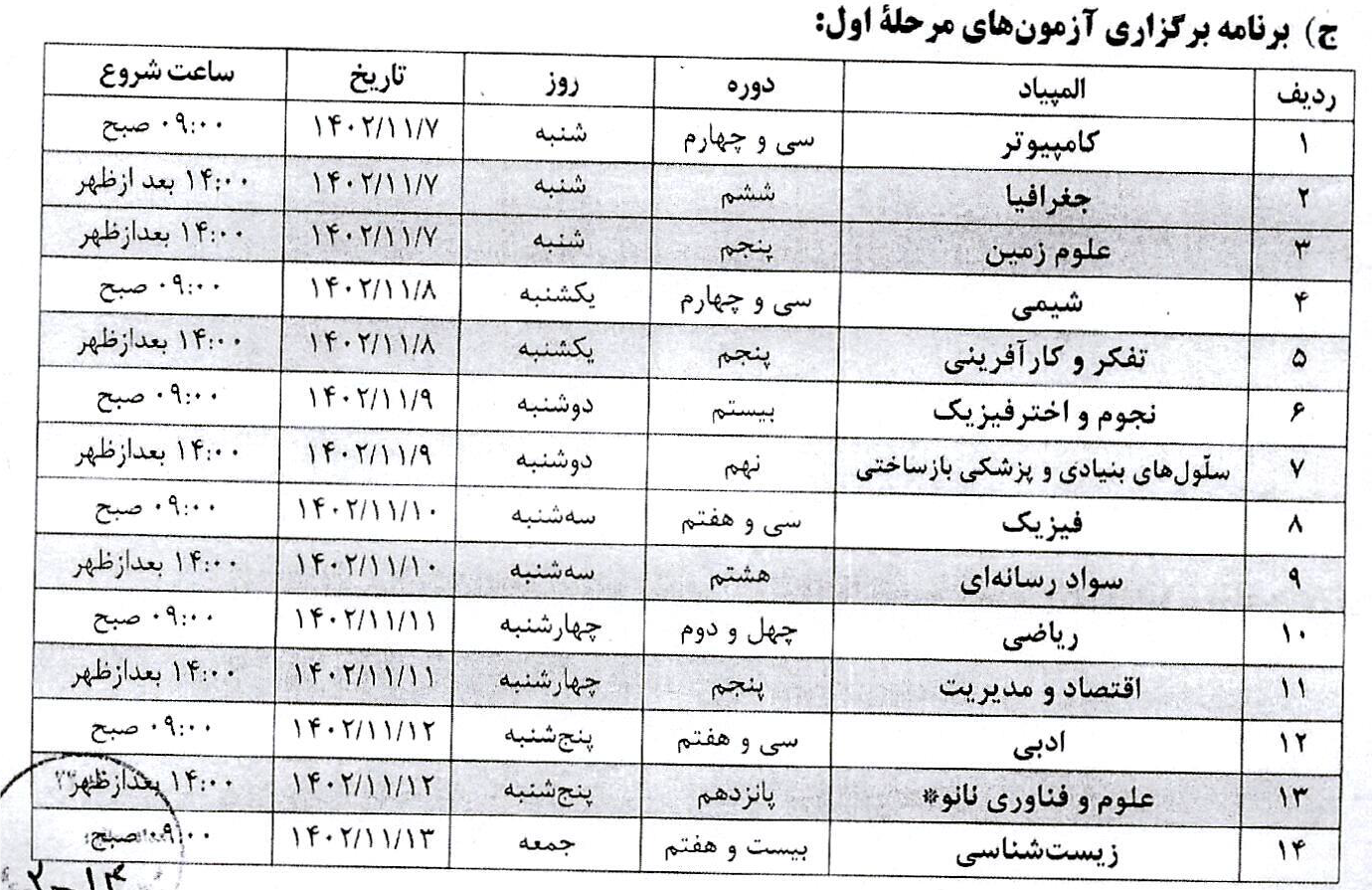 تاریخ برگزاری ازمونهای مرحله اول المپیاد1403-1402